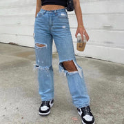 High Waist Straight Women's Ripped Jeans Women Blue Denim Trousers Fashion Streetwear Wide Leg Baggy Y2k Casual Pants