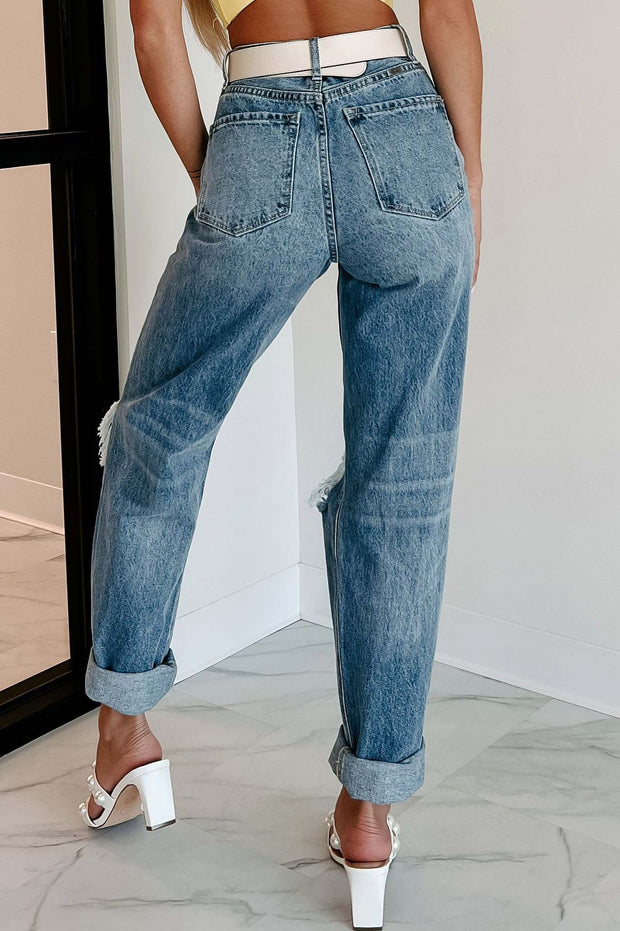Trend Women's Jeans Blue Hight Waist Ripped Streetwear Fashion Casual Straight Denim Trousers