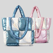 Women Handbags Winter Color Matching Down Cotton-padded Coat Tote Bag Soft Plaid Shoulder Bags
