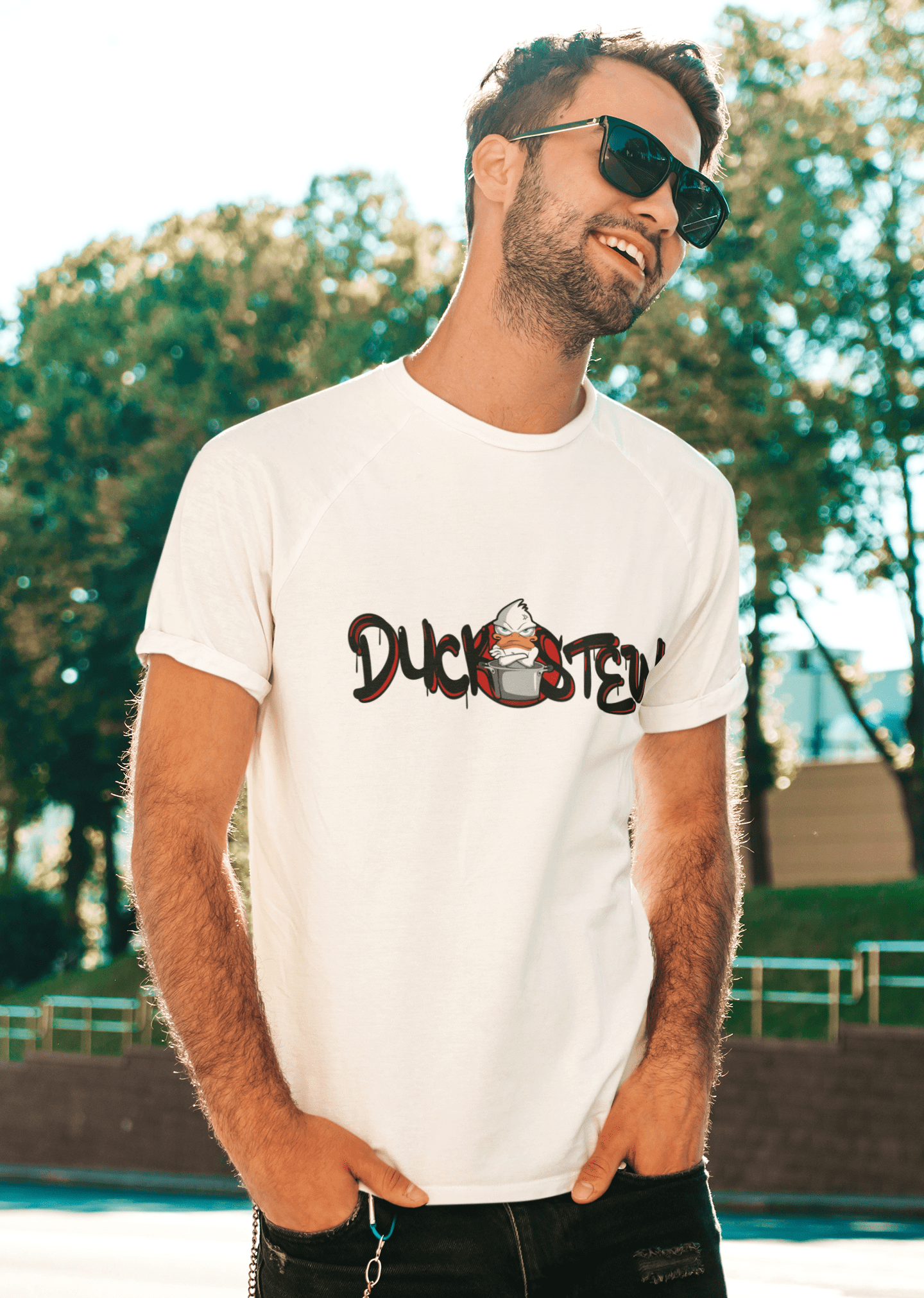 This is a guy with white Tshirt with Duckstew 